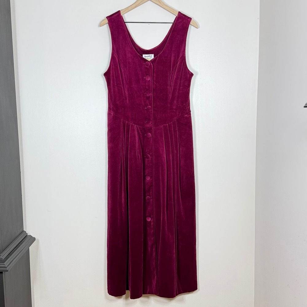 Meico Women Vintage Velvet Maxi Dress Burgundy Button Front Bavarian Cottage 90s